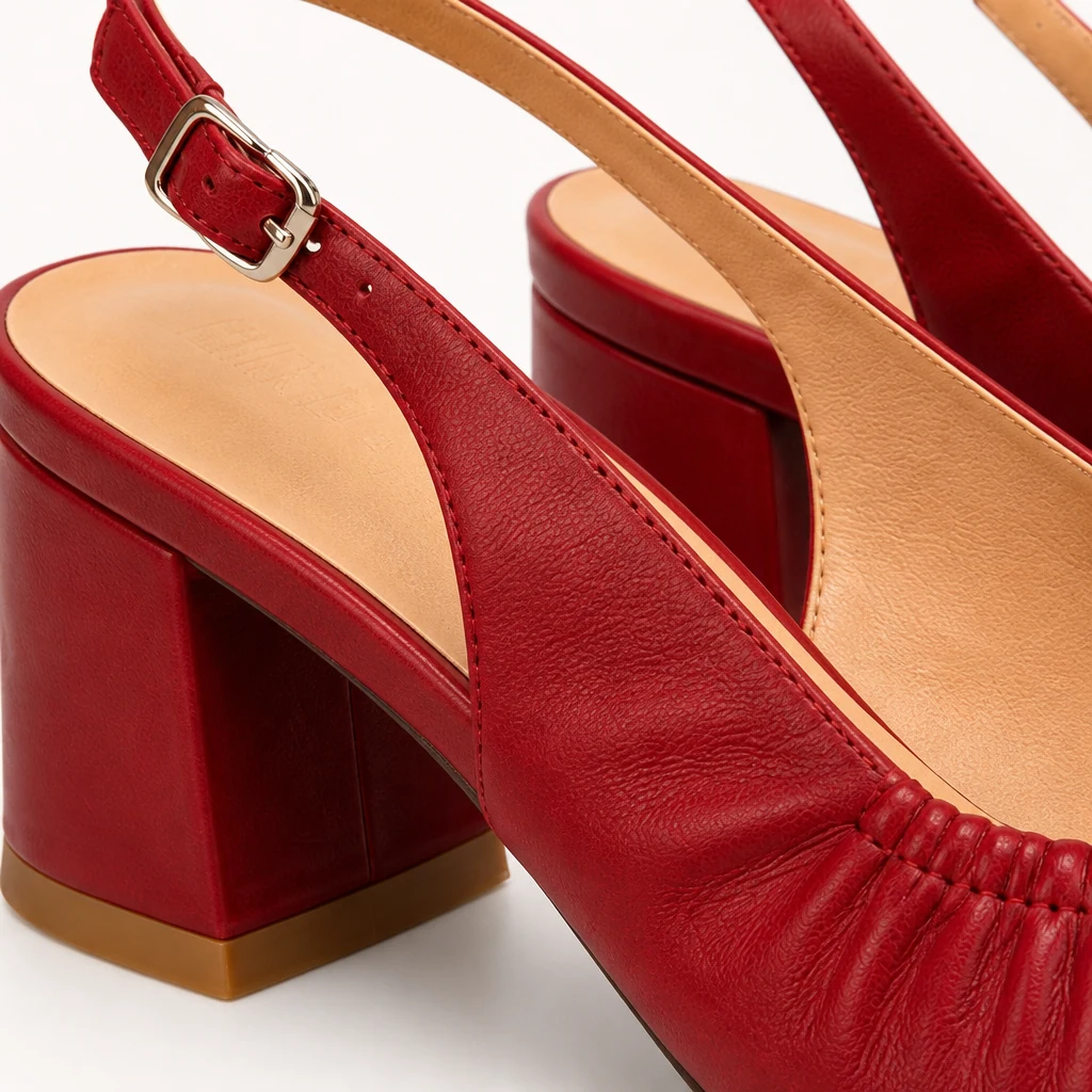 Detalhe em close da parte superior franzida macia e construção com fivela tipo slingback