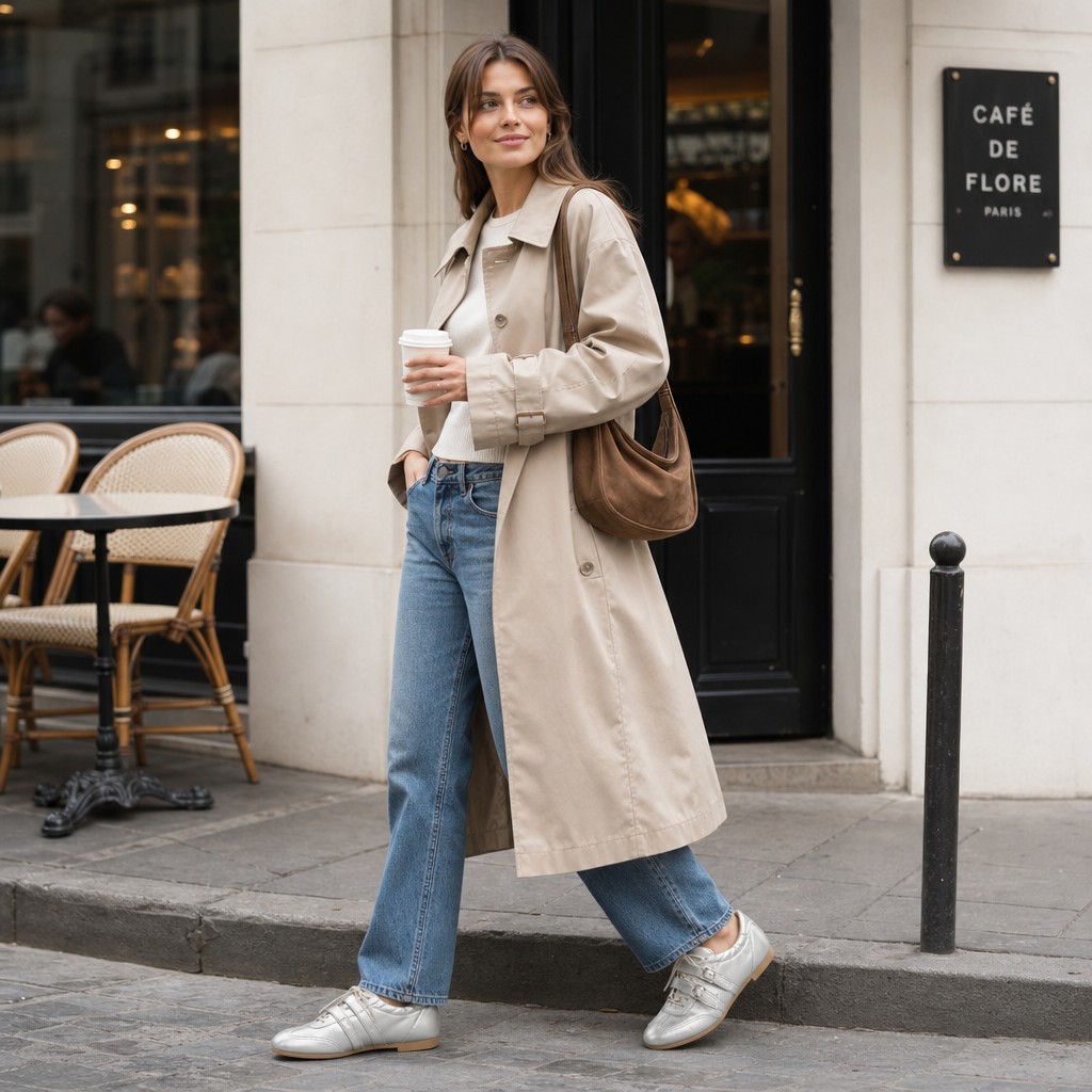 Straatbeeld met model dat zilveren platte schoenen draagt