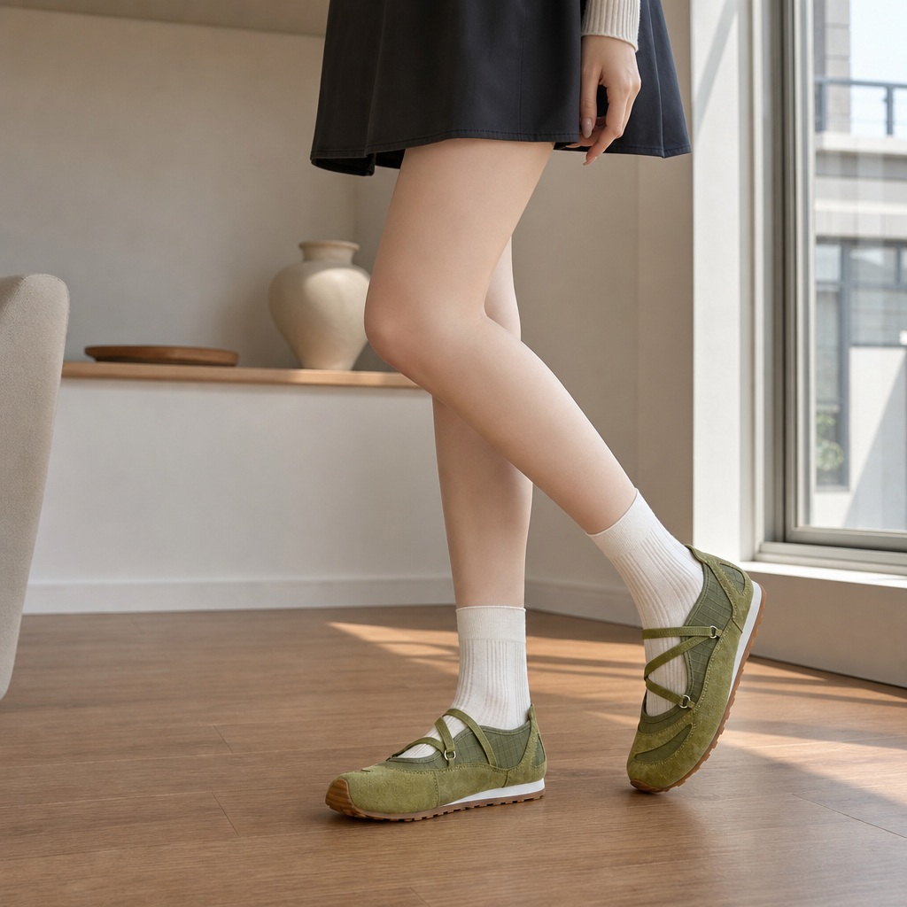 Groene Mary Jane-ballerina's getoond in een alledaagse lifestyle-scène.