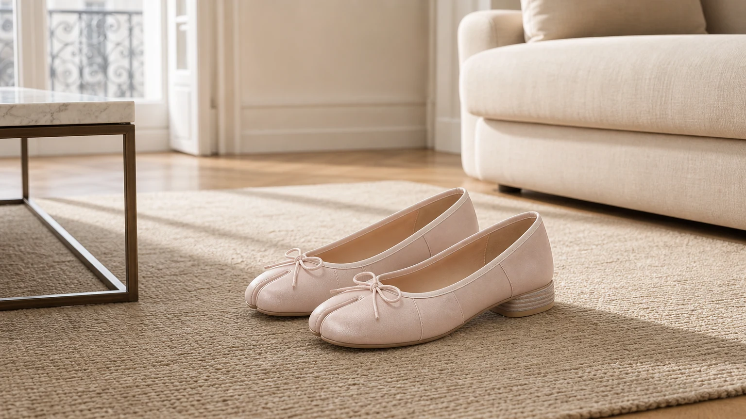 Ballerine da donna con fiocco, in una scena di lifestyle orizzontale