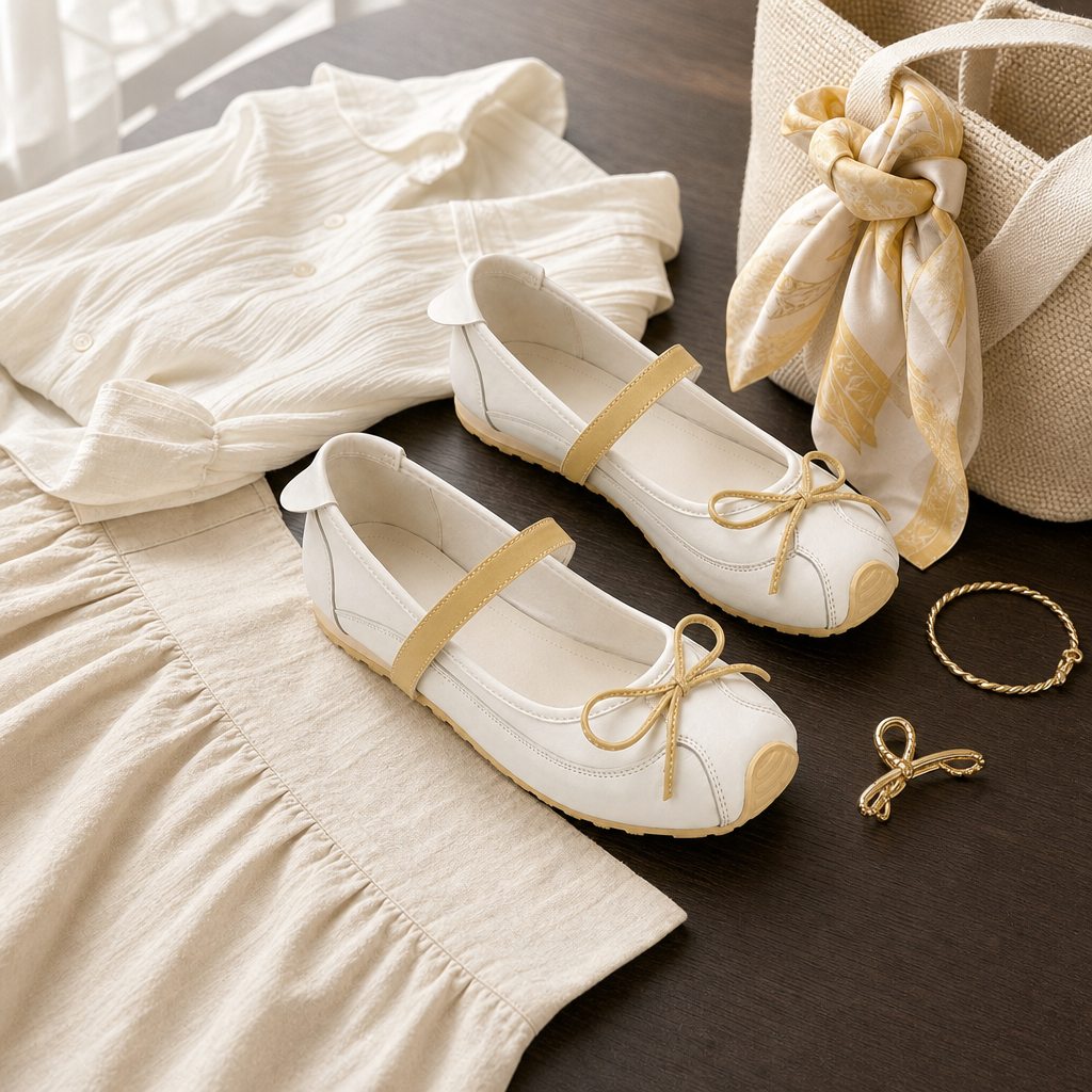 Mary-Jane-Schuhvariante mit Goldakzenten, kombiniert mit Accessoires