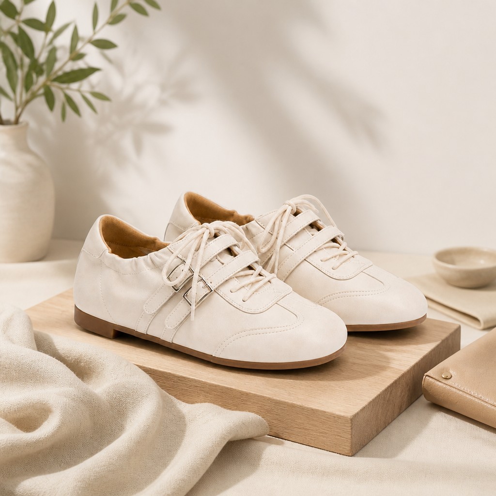 Gestileerd plat model met crèmekleurige flats met zachte decor rekwisieten