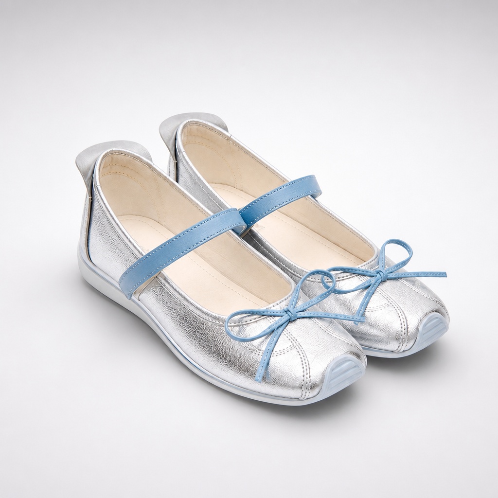 Silberne Mary-Jane-Schuhe mit Schleifendetail auf schlichtem Hintergrund