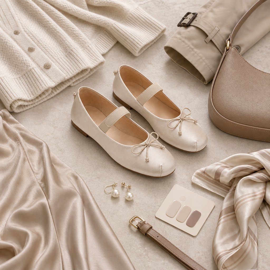 Crèmekleurige Mary Jane ballerina's gecombineerd met kleding en accessoires.