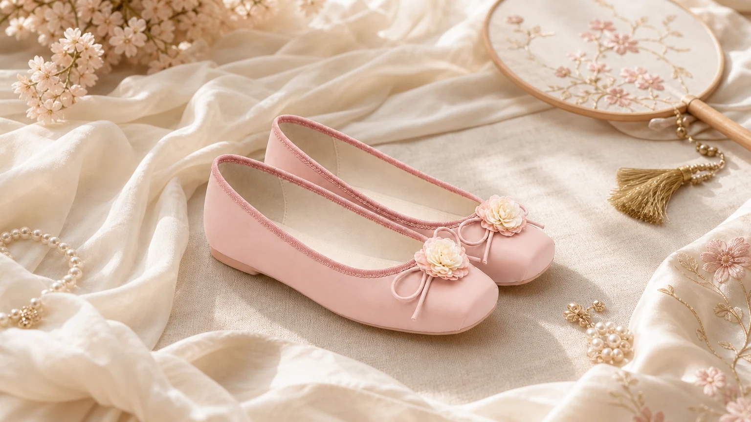 Scarpe basse slip-on leggere ispirate al Qipao, realizzate in una delicata scena 16:9