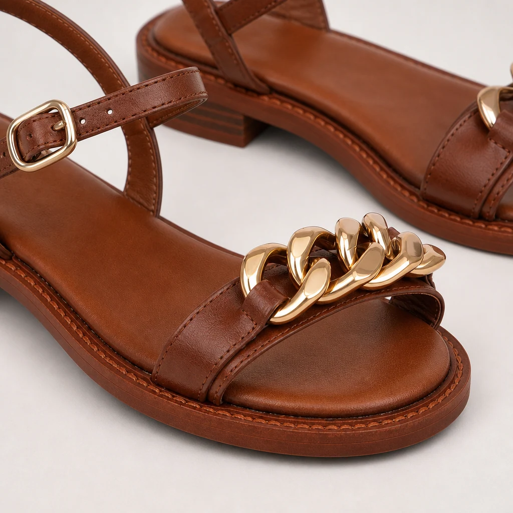 Close-up detail of brown sandal straps and finish