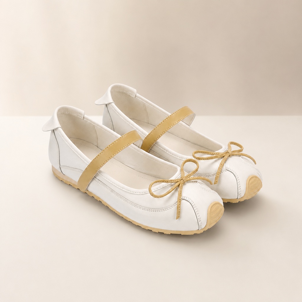 Cremefarbene Mary-Jane-Schuhe mit goldenen Akzenten