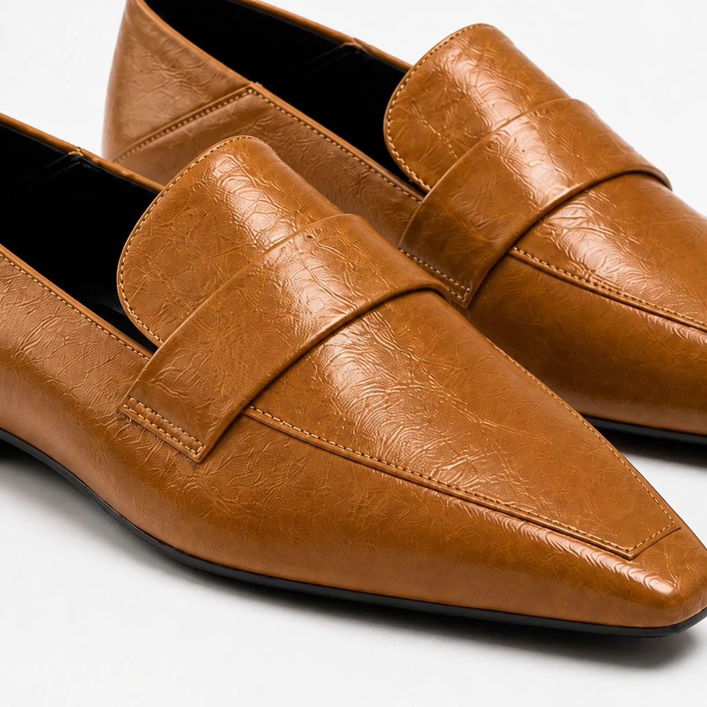 Gros plan sur le détail de la tige en cuir microfibre poli et de la construction du mocassin