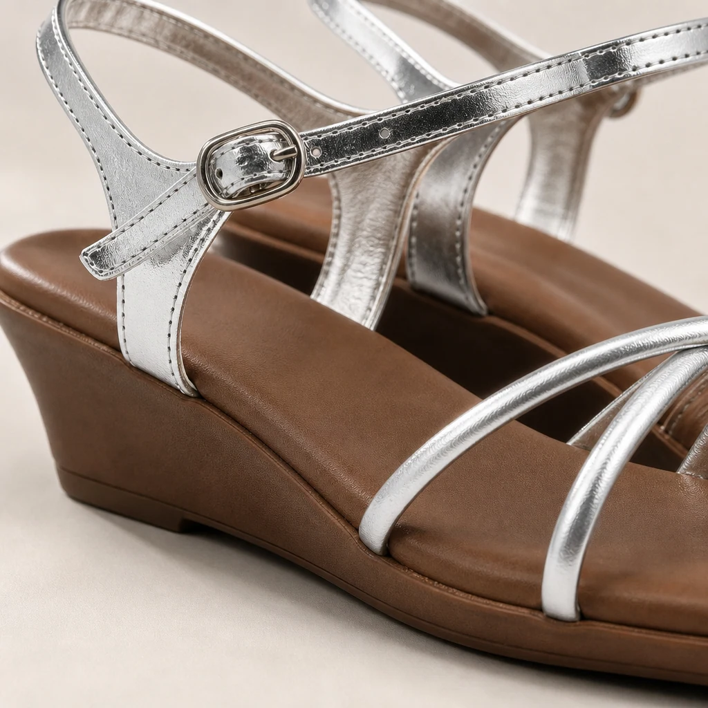 Close-up detail of the silver crisscross strap and wedge sandal finish