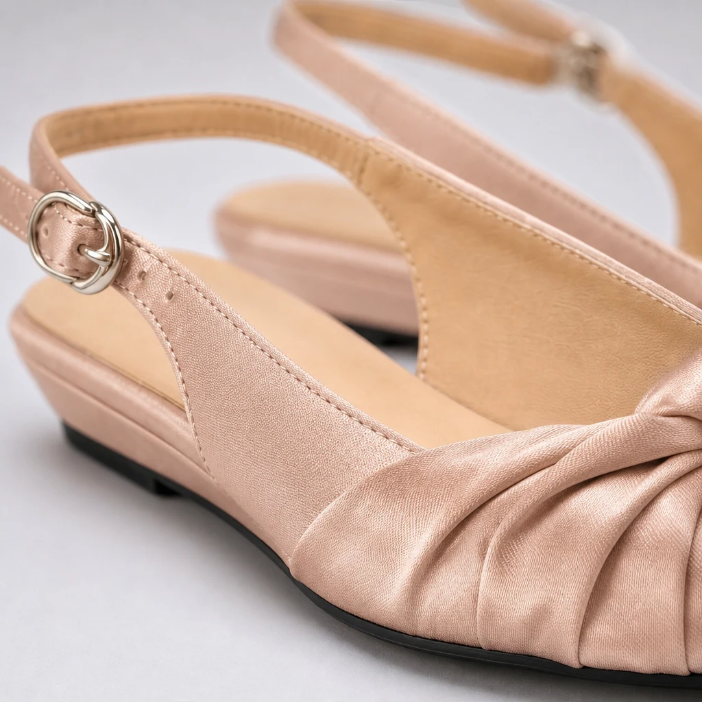 Detalhe em close da tira com fivela, frente plissada, detalhes em laço e construção tipo slingback