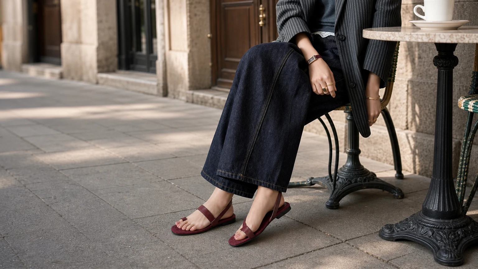 Mujeres con sandalias planas minimalistas con tira entre los dedos en una escena cálida e informal al aire libre.
