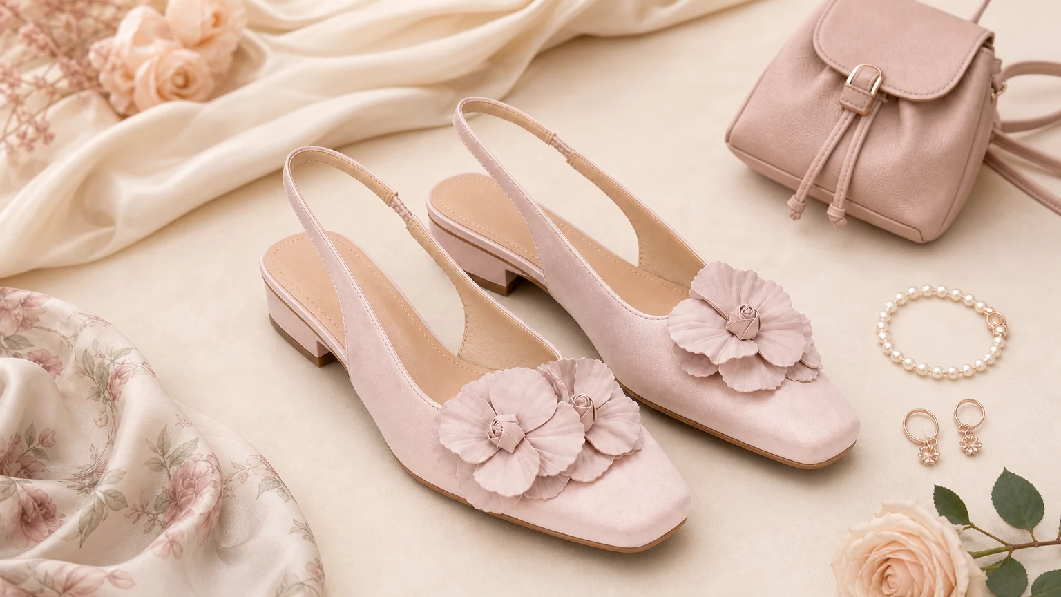 Salto tipo slingback com apliques florais rosa em estilo elegante