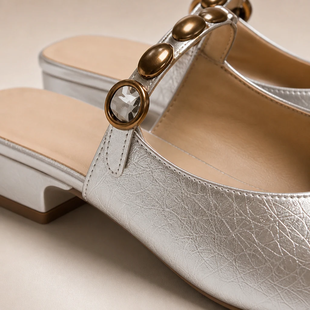 Close-up detail of the chunky heel shoe material and construction