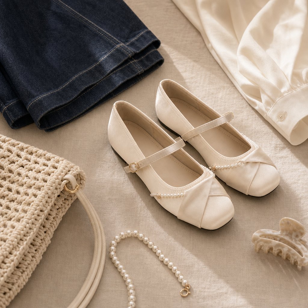 Cremefarbene Ballerinas, kombiniert mit Strickwaren und einem Perlenaccessoire