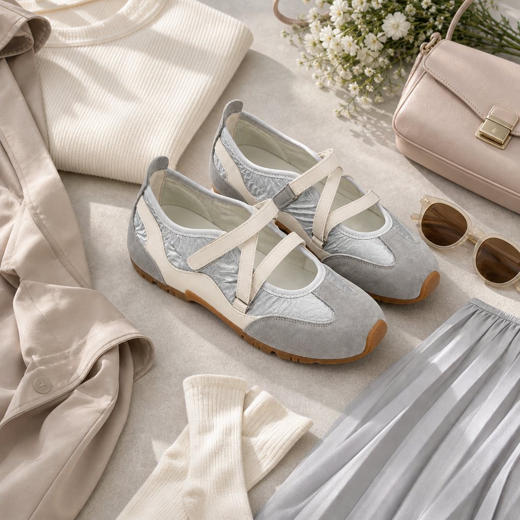 Lifestyle flat-lay kompozice s botami a doplňky Mary Jane