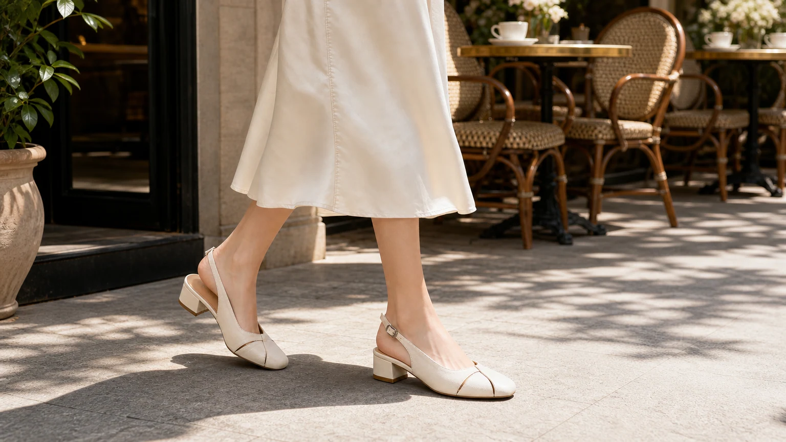 Salto tipo slingback com bico quadrado e recorte creme em uma cena editorial de estilo de vida