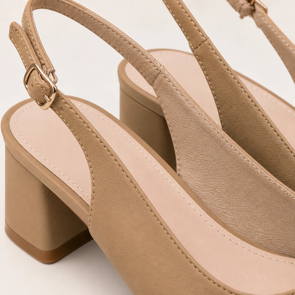 Detalhe em close da parte superior do sapato tipo slingback, alça, calcanhar e acabamento