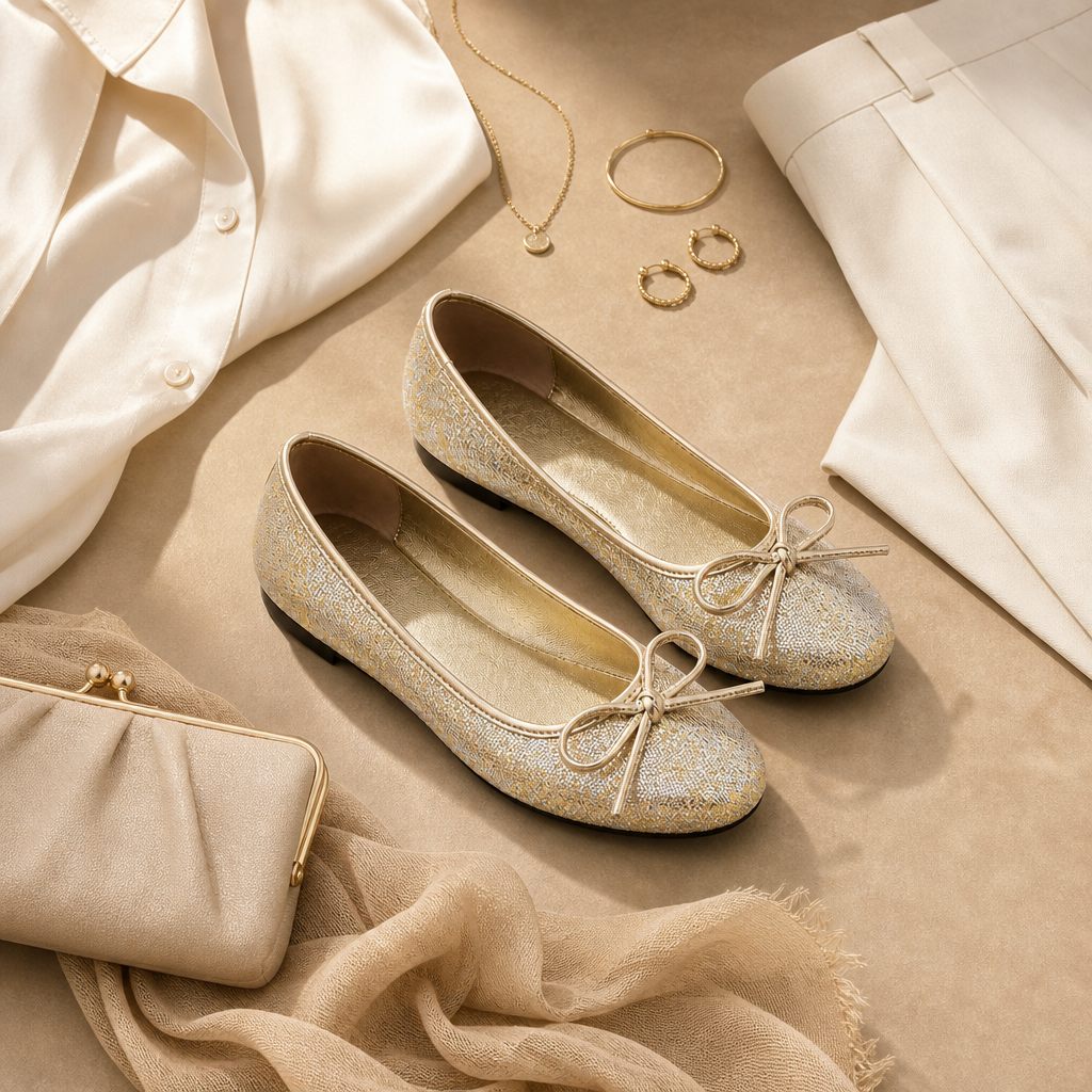 Beige ballerina's in een gestileerde flatlay met accessoires.