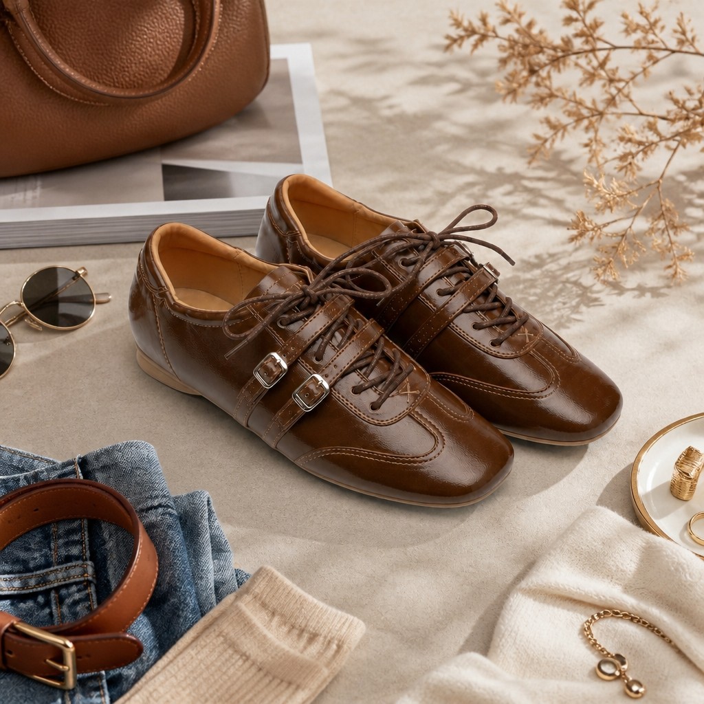 Gestileerd plat leggen van bruine flats met accessoires en decor