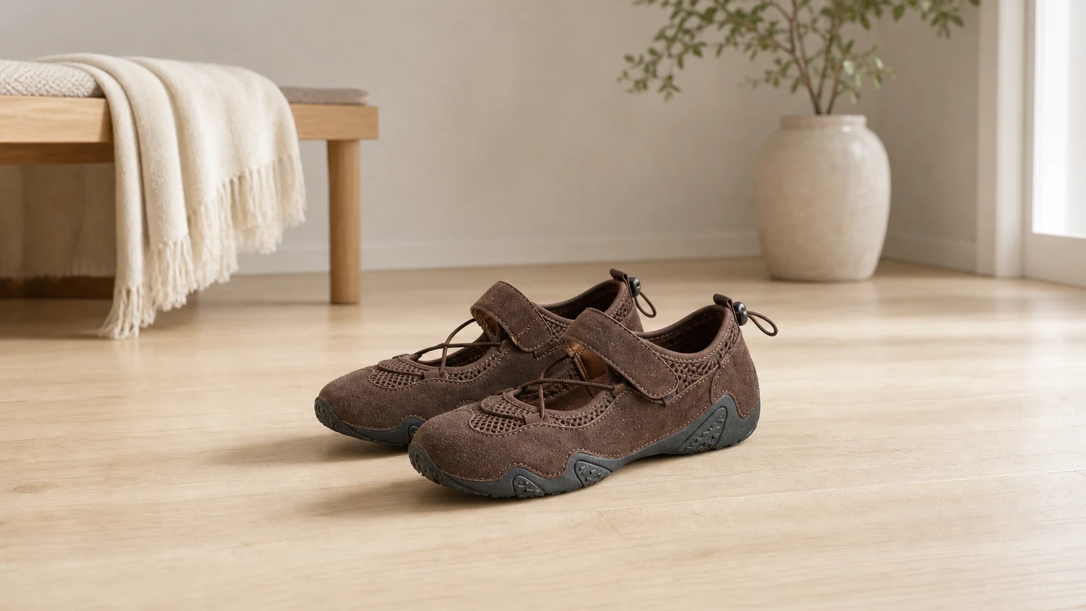 Sneakers Mary Jane sportive in una scena di lifestyle orizzontale