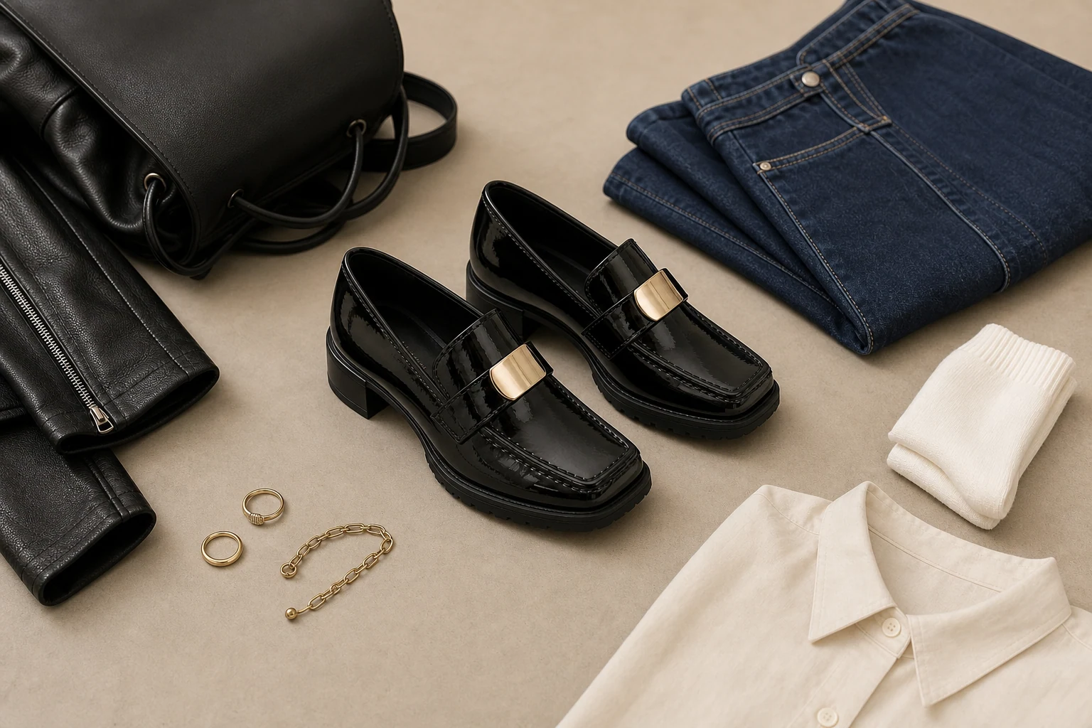 Scène de style de vie mettant en scène le produit et présentant les mocassins noirs à talons.