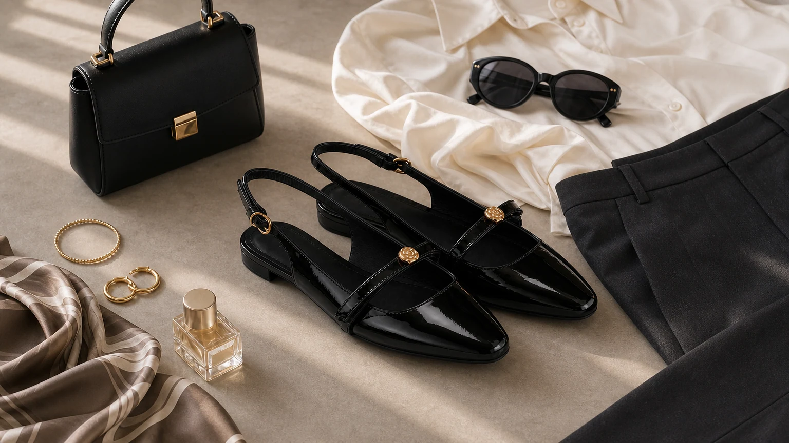 Elegantes sapatos de salto baixo estilo slingback em um cenário de moda horizontal