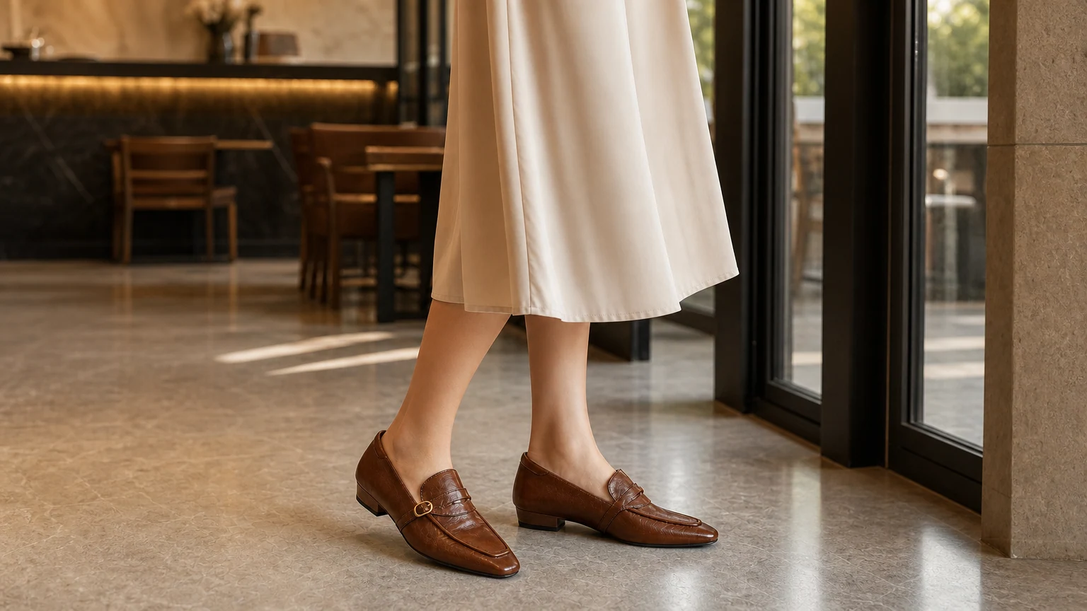Minimal chic pointed slip-on comfort shoes styled in a refined everyday scene