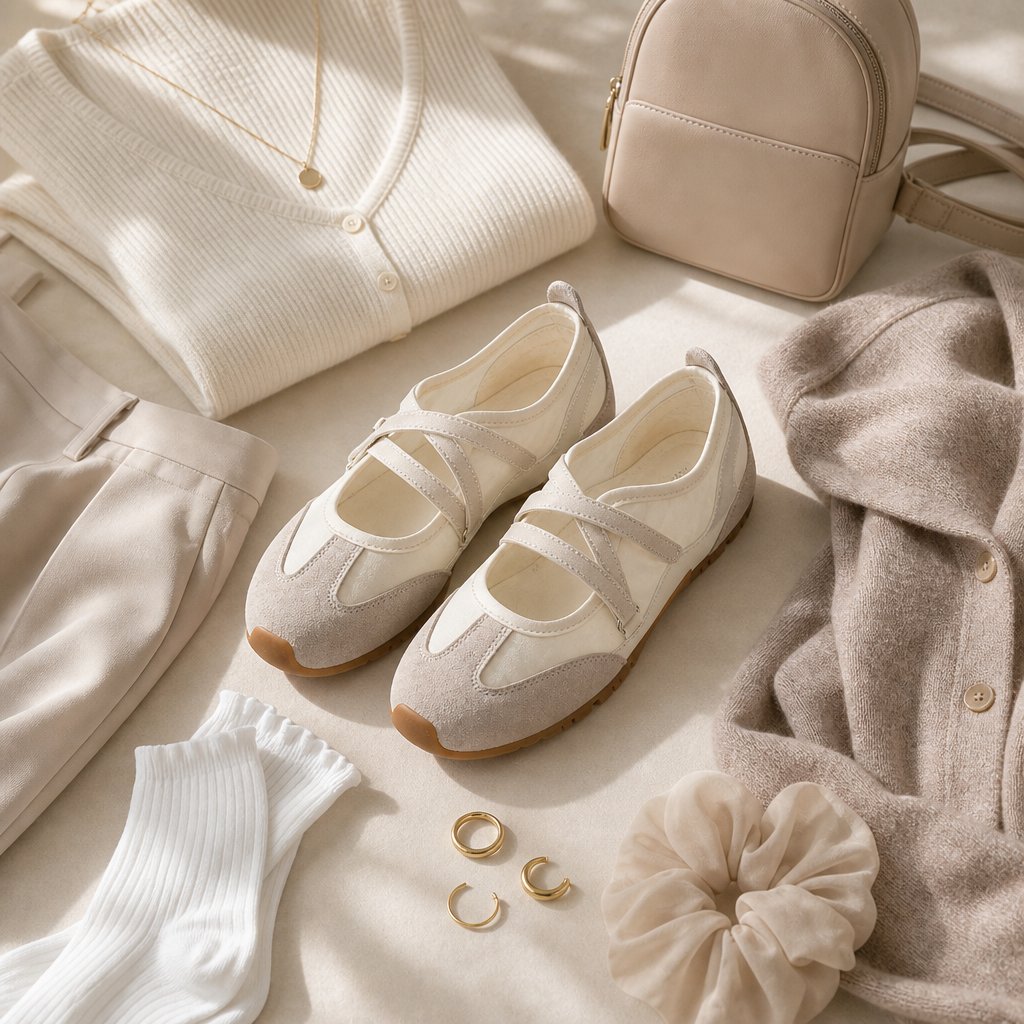 Krémové boty Mary Jane v měkkém stylu flat-lay scéně