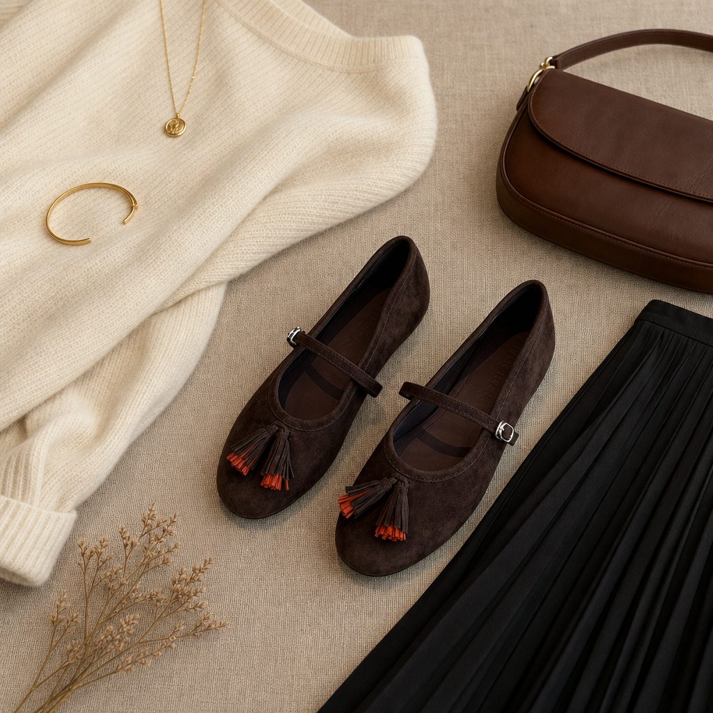 Brown Mary Jane byty v flat-lay outfit scéně