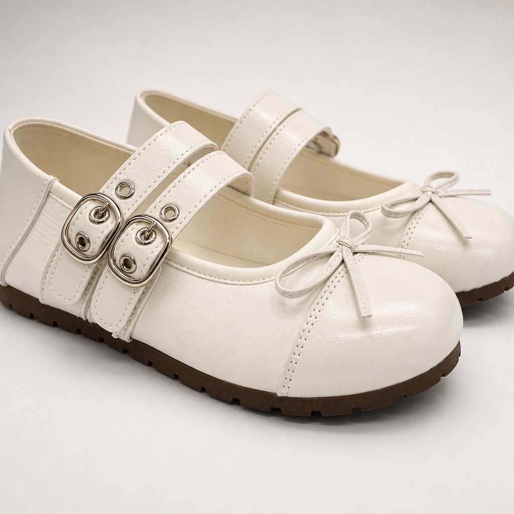 Detailopname van crèmekleurige Mary Jane ballerina's met strik, gespen en zool.