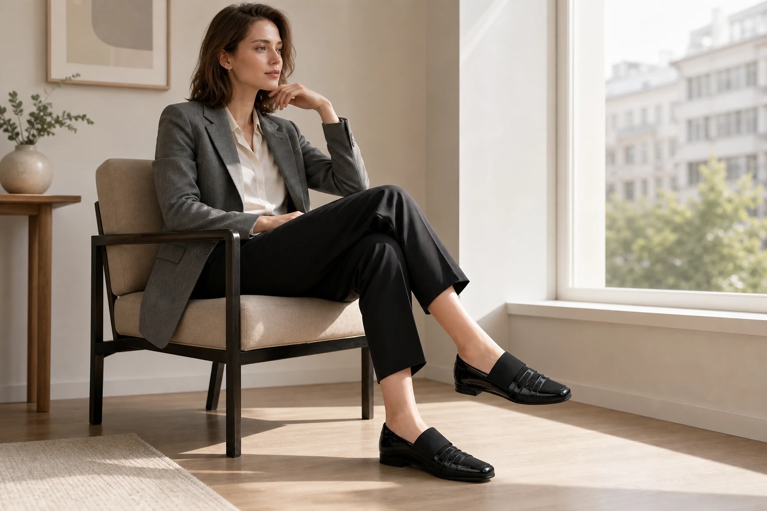 Γυαλιστερά loafers με λουράκια σε μια σκηνή προϊόντων lifestyle