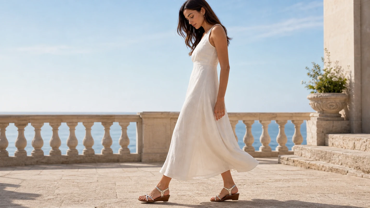 Square toe silver wedge sandals styled in a warm-weather scene