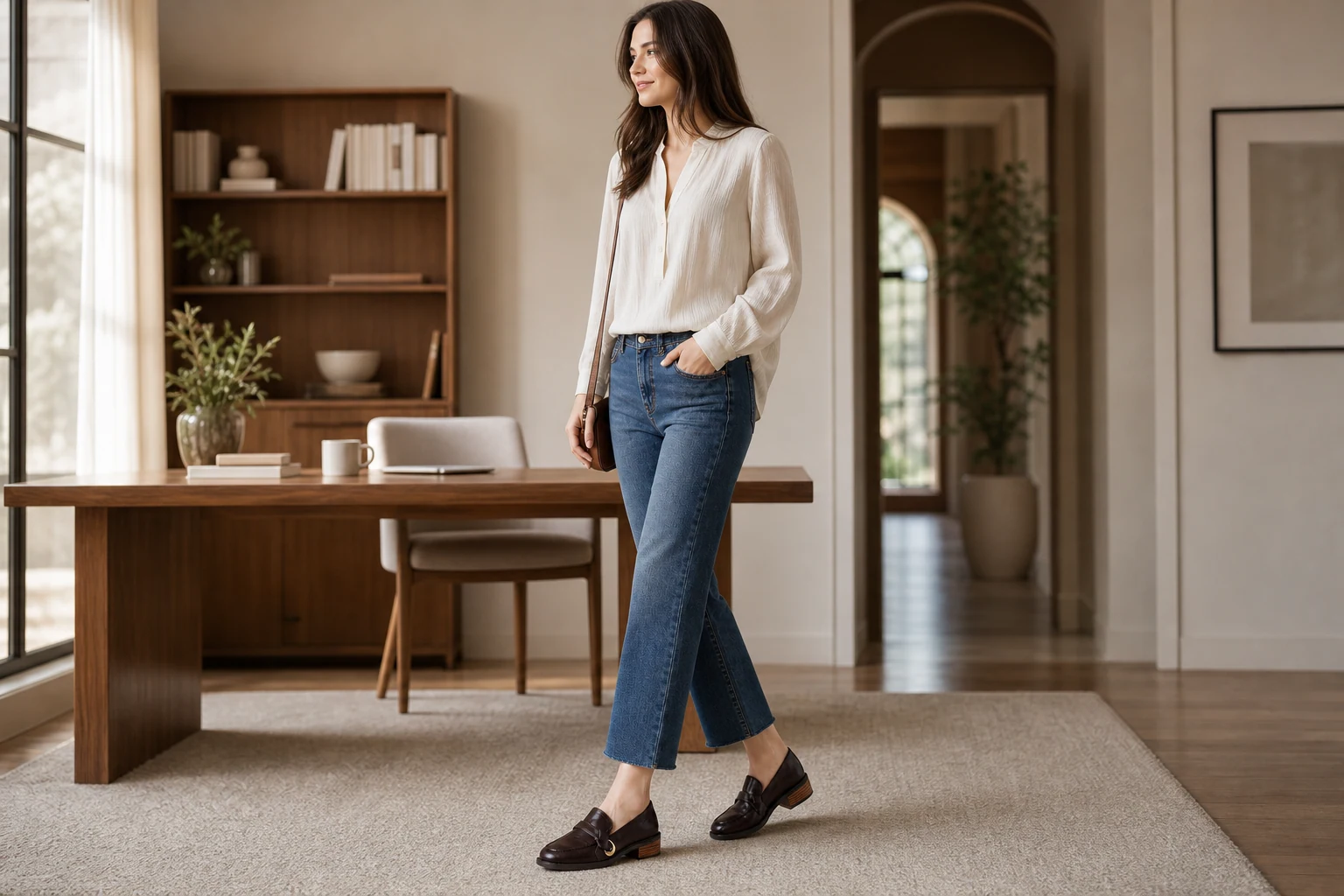 Lifestyle scene showing the loafers in a clean outfit context