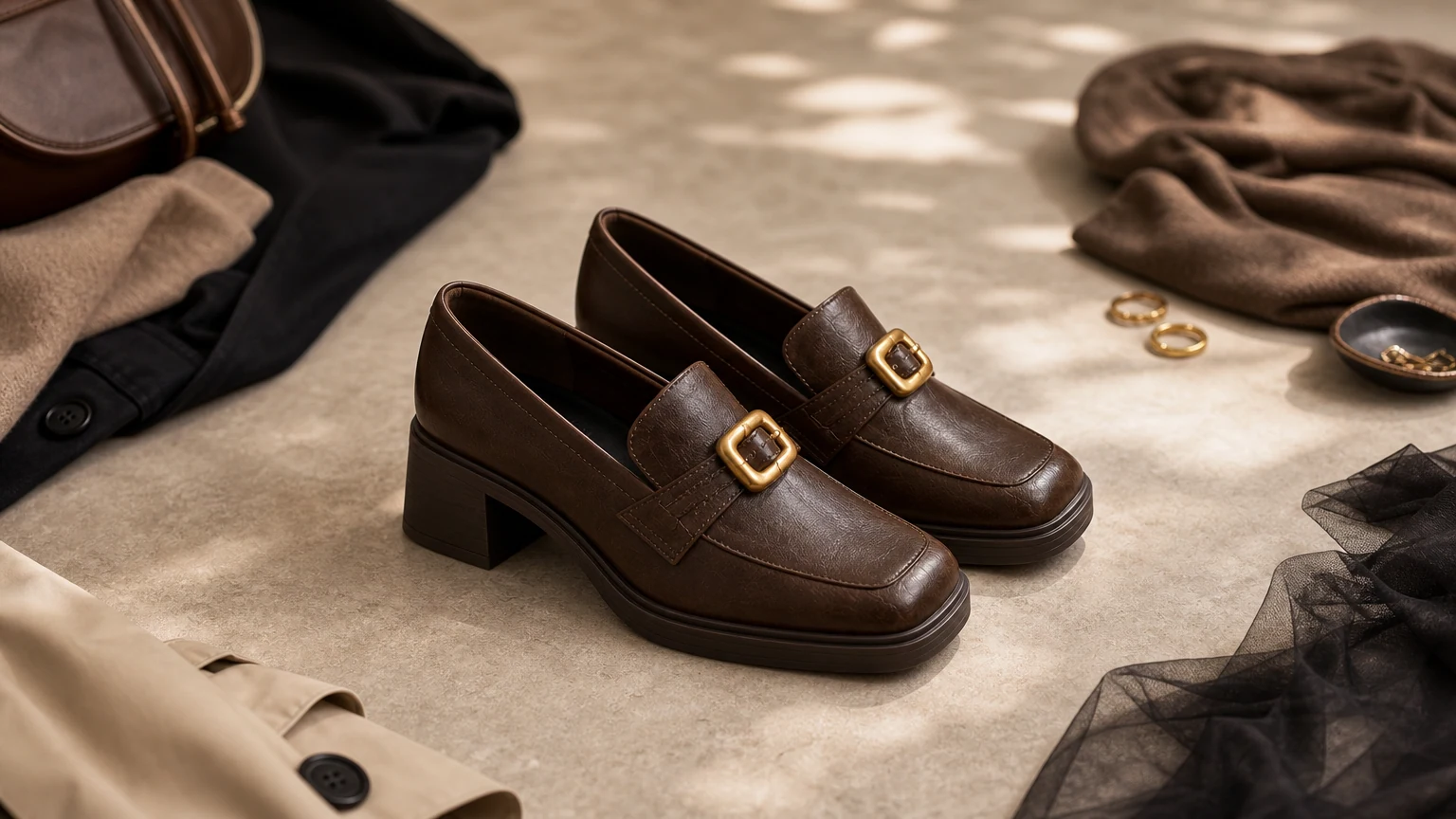 mocassins à bout carré et talon bloc offrant un bon maintien, dans un style raffiné adapté au bureau.