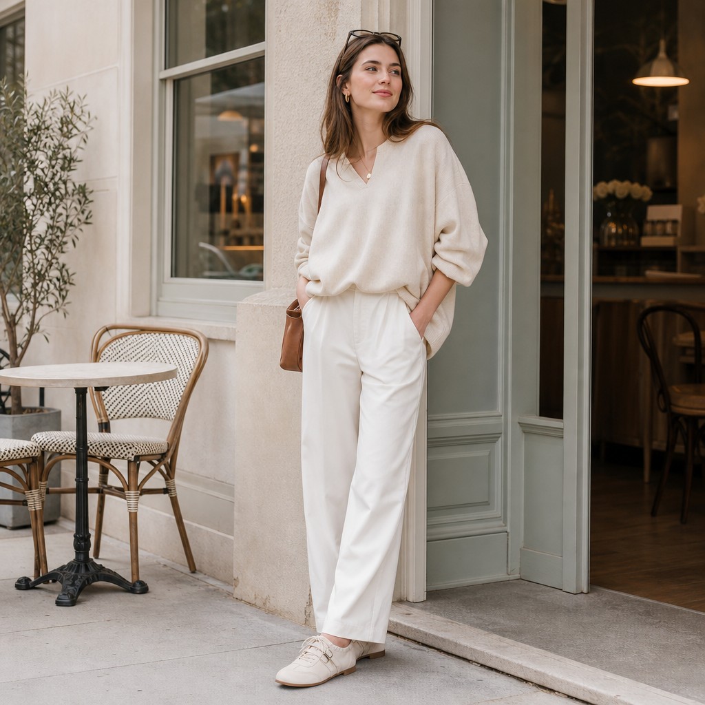 Lifestyle-scène met een model dat crèmekleurige flats draagt buiten een café