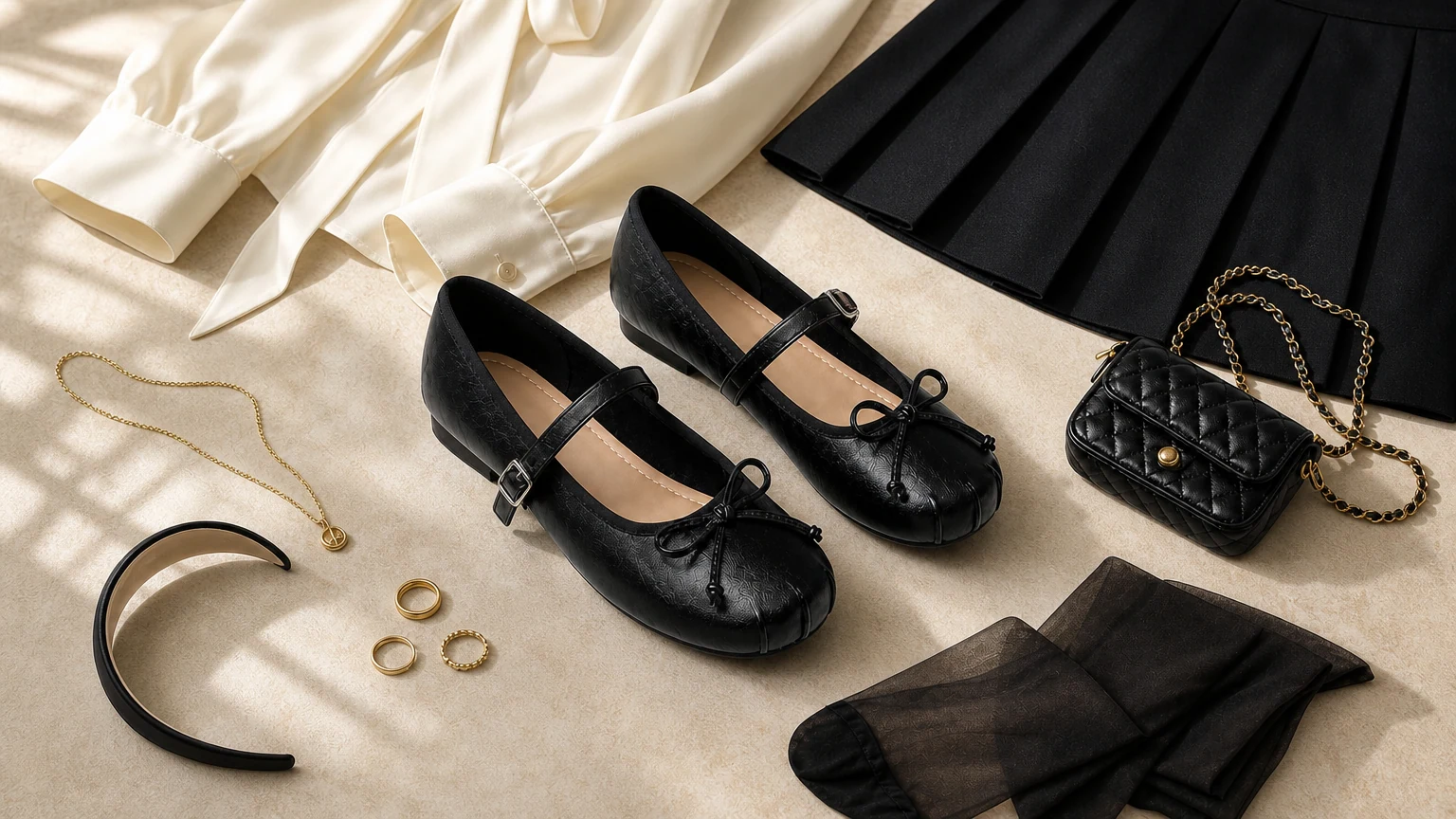 Round toe hidden lift ballet flats styled in a soft fashion scene