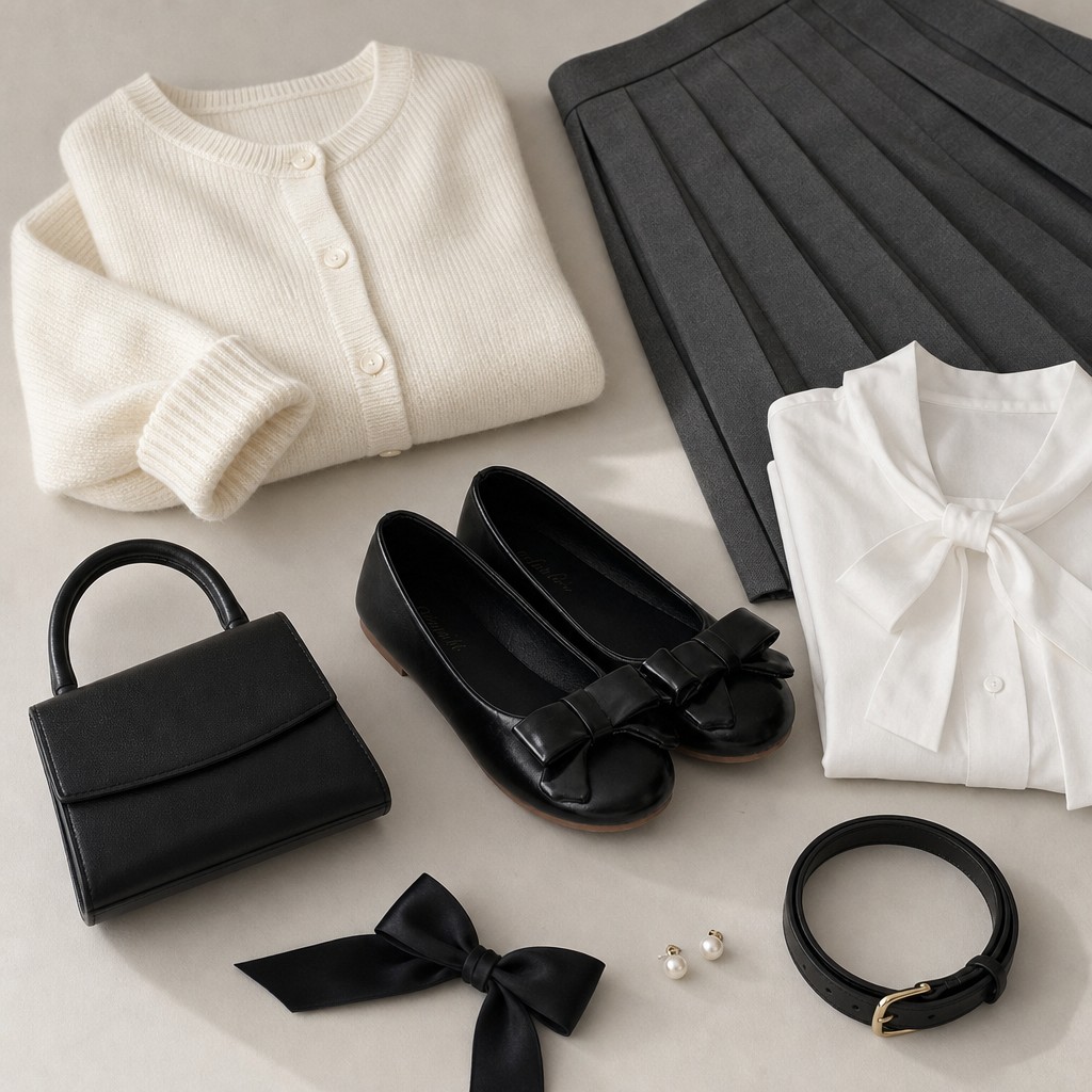 Zwarte glanzende ballerina's met strik in een flat-lay foto van een outfit.