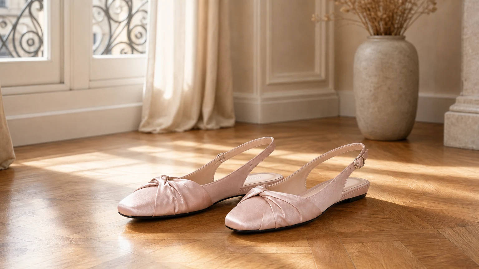 Elegantes sapatilhas com tira de fivela estilizadas em uma cena horizontal suave