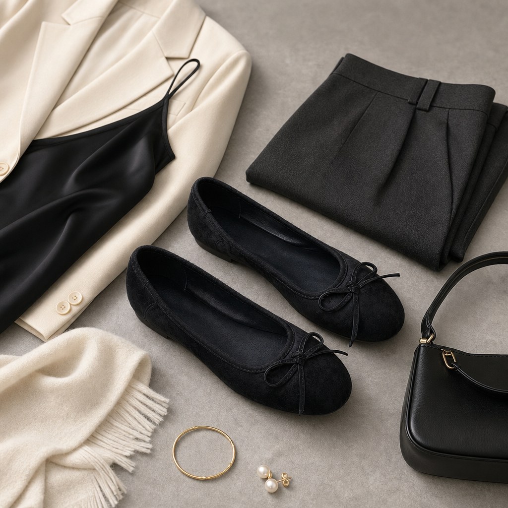 Zwarte ballerina's in een stijlvolle flat lay met accessoires.