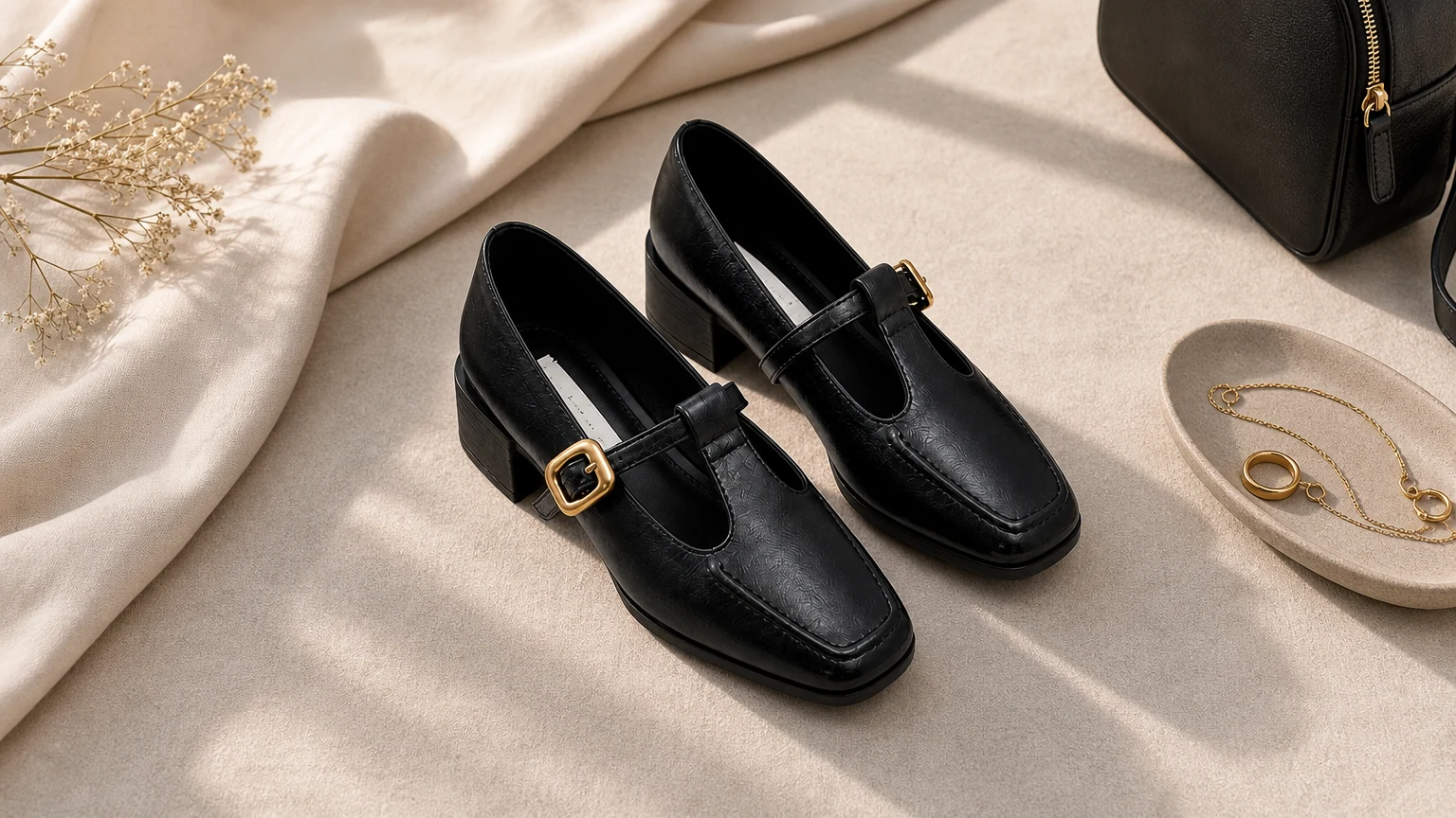 Chaussures à talon bloc et bride à boucle polie, stylisées dans une scène horizontale