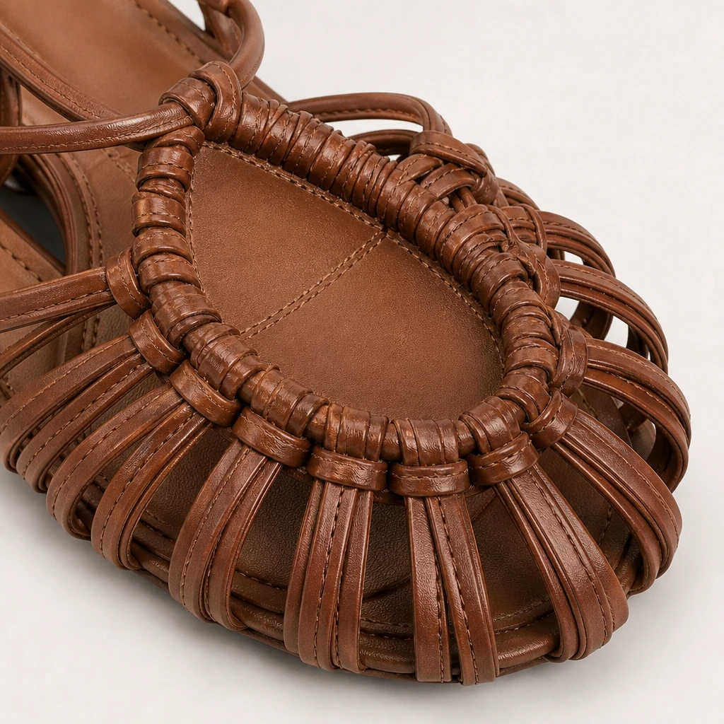 Close-up of woven detail and PU upper construction on the closed toe flats
