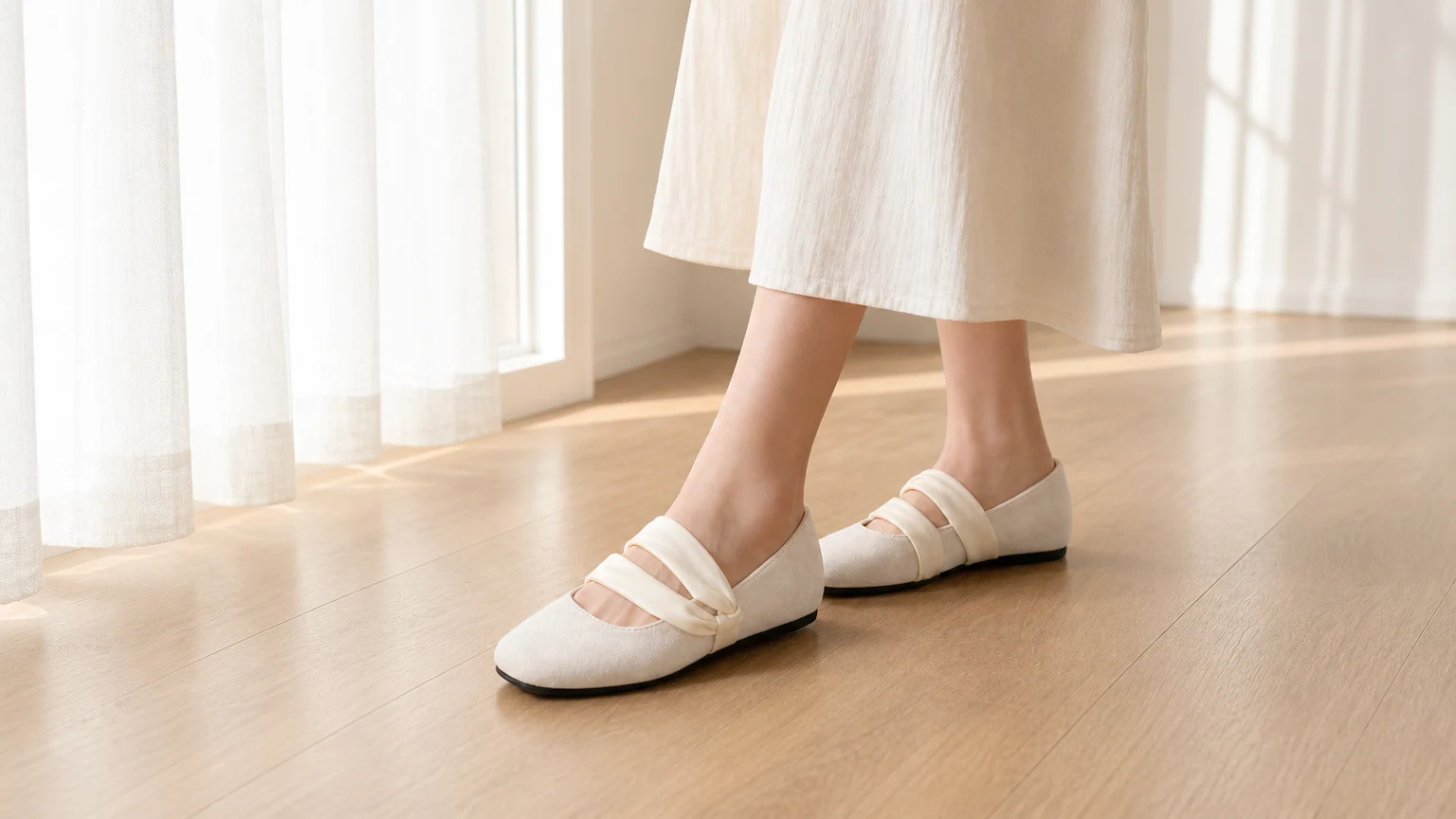 Mary-Jane-Schuhe mit eckiger Spitze, gestylt in einem sanften Lifestyle-Stil