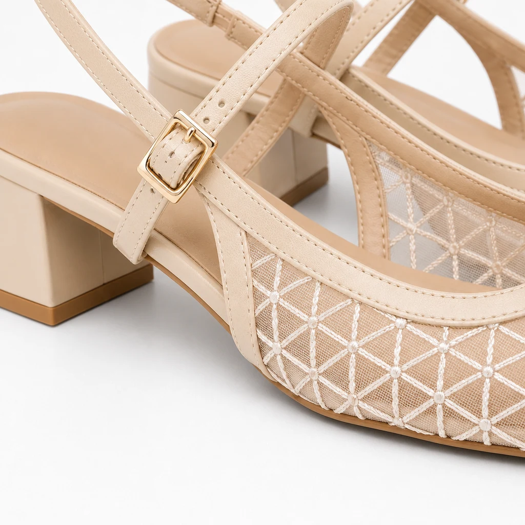 Close da textura da treliça do sapato tipo slingback, detalhes da tira e da fivela