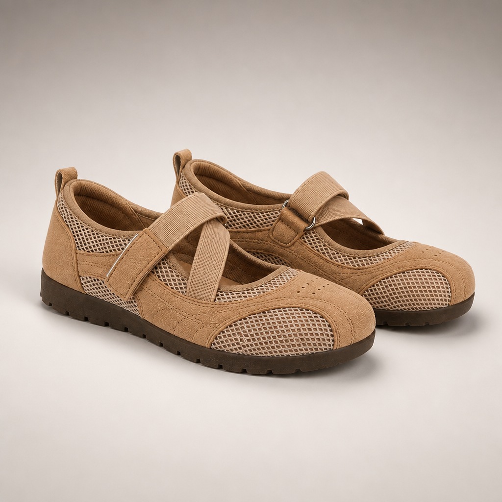 Mary Jane ballerina's met bruin mesh-paneel