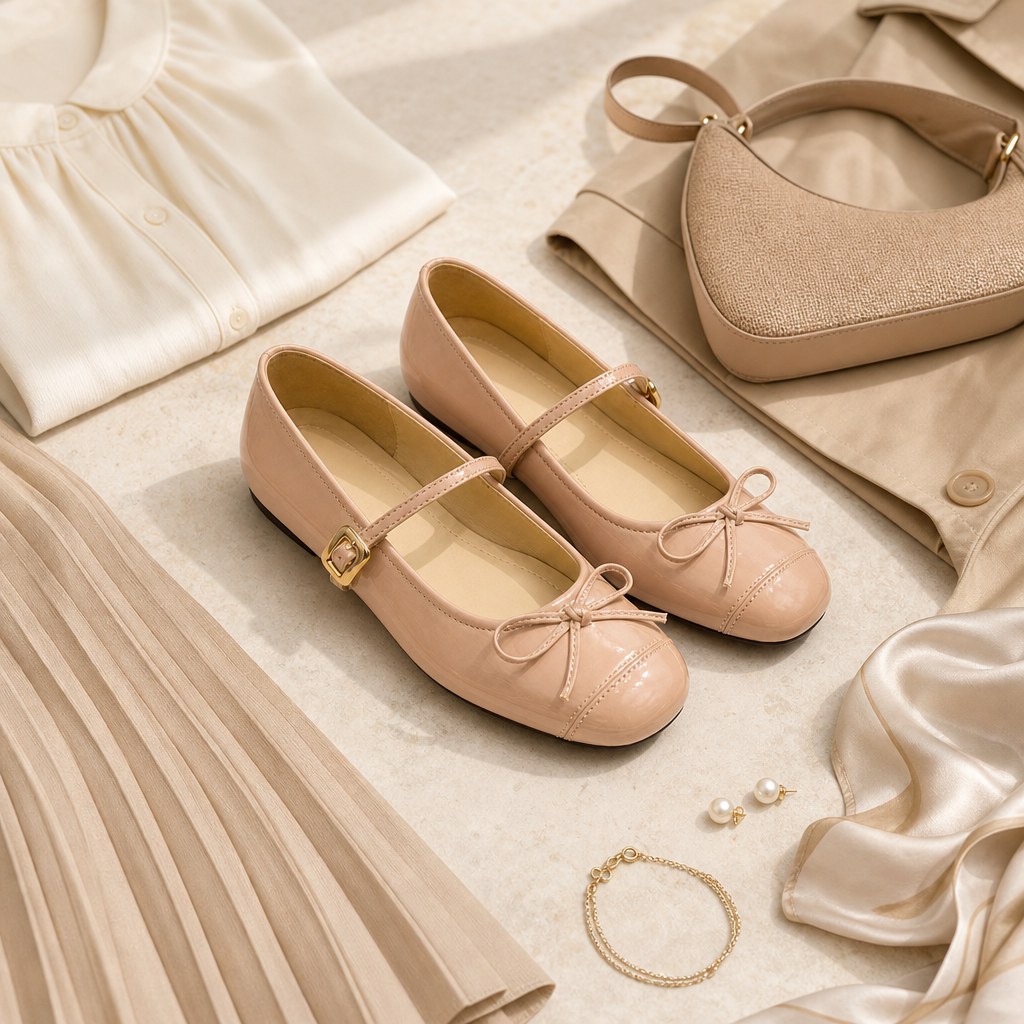 Roze Mary Jane ballerina's in een gestileerde flat lay met accessoires.