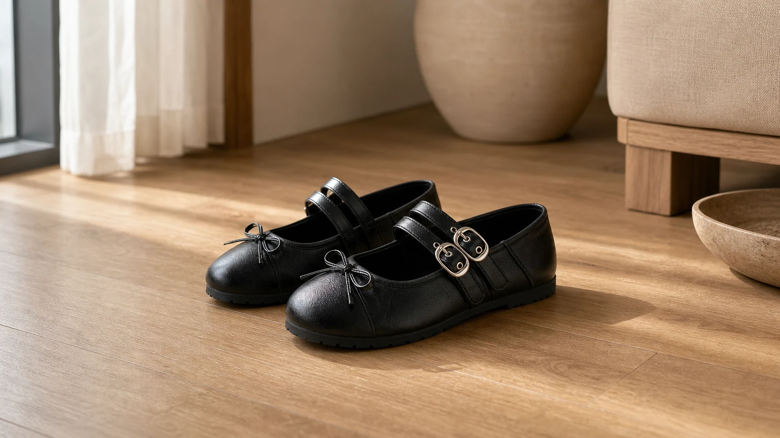 Mary Jane ballerina's met dubbele gesp, gestyled in een zachte lifestyle-setting.