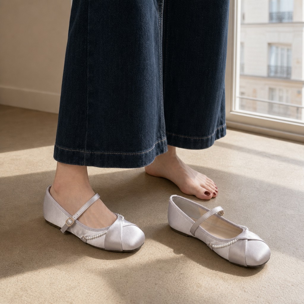 Mary-Jane-Ballerinas, die in der Nähe eines Fensters getragen wurden
