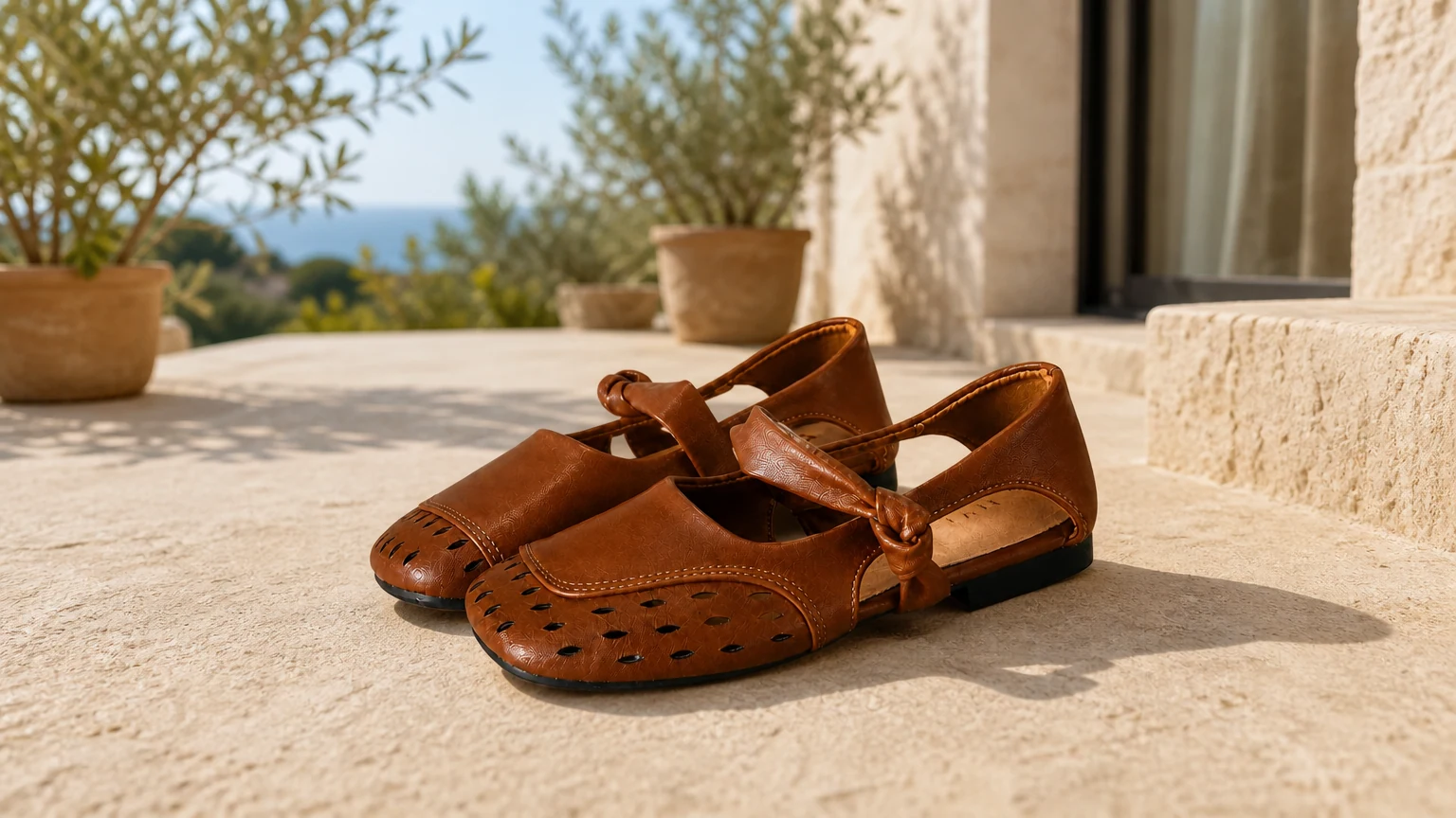 Round toe flat casual shoes styled in a warm spring scene