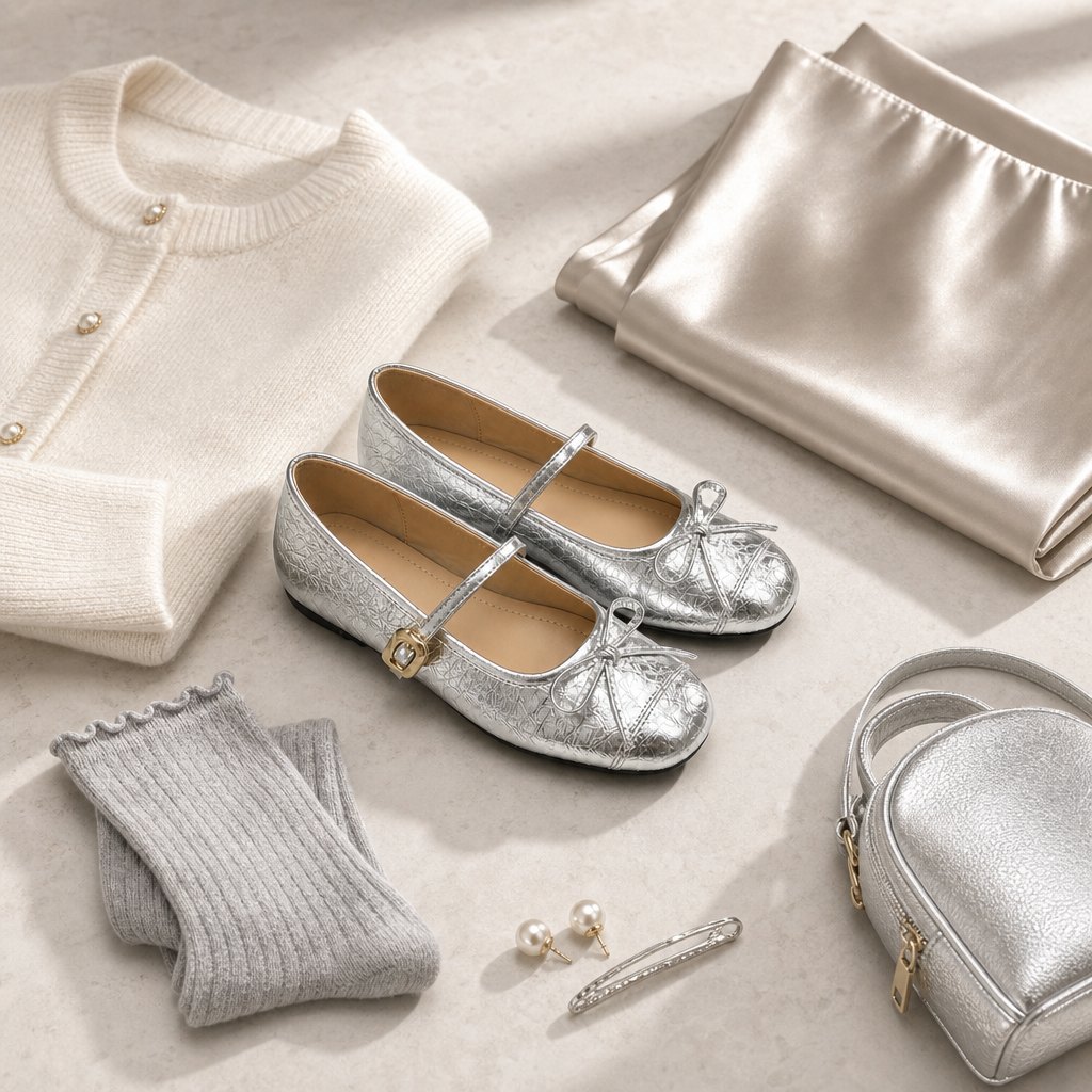 Zilveren Mary Jane ballerina's gecombineerd met kleding en accessoires.
