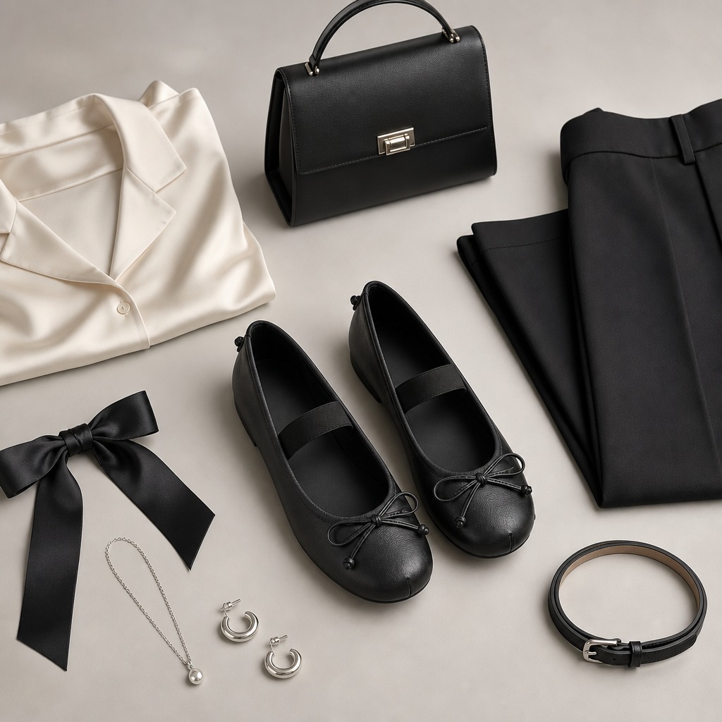 Zwarte Mary Jane ballerina's in een gestylede outfit (flatlay)